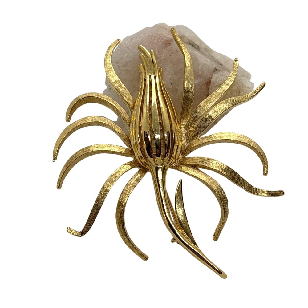 Vintage Large Floral Gold Tone Pin Brooch Hollywood Regency Art Nouveau Textured